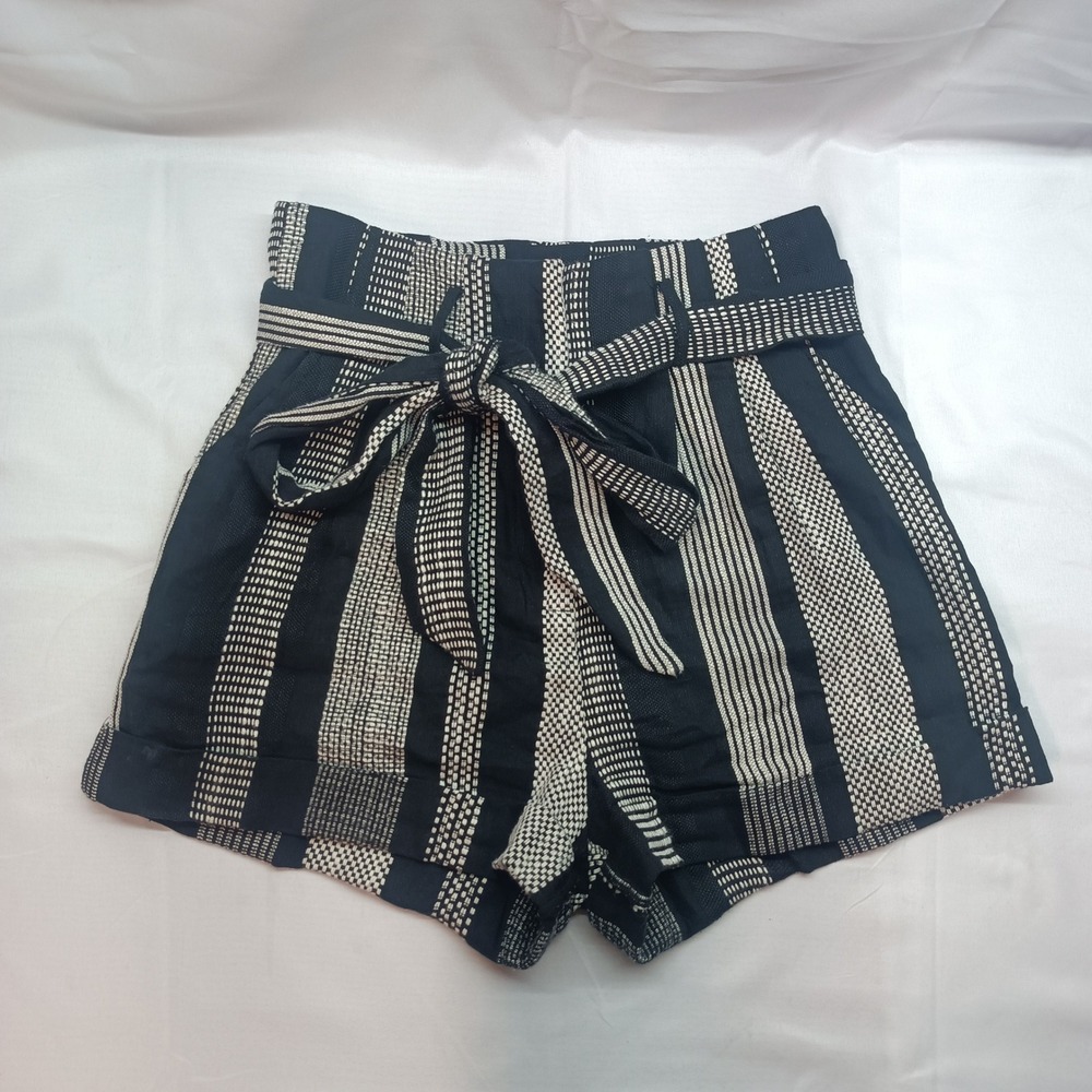Honey Punch Womens Black White Striped Linen Blend Paperbag Waist Shorts Small
